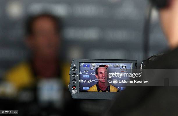 Terry Wallace the coach of the Tigers speaks to the media during the Richmond Tigers AFL training session at Punt Road Oval on May 22, 2009 in...