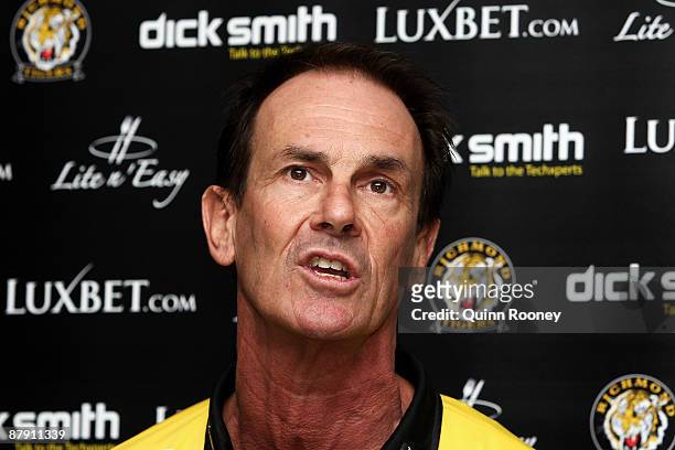 Terry Wallace the coach of the Tigers speaks to the media during the Richmond Tigers AFL training session at Punt Road Oval on May 22, 2009 in...