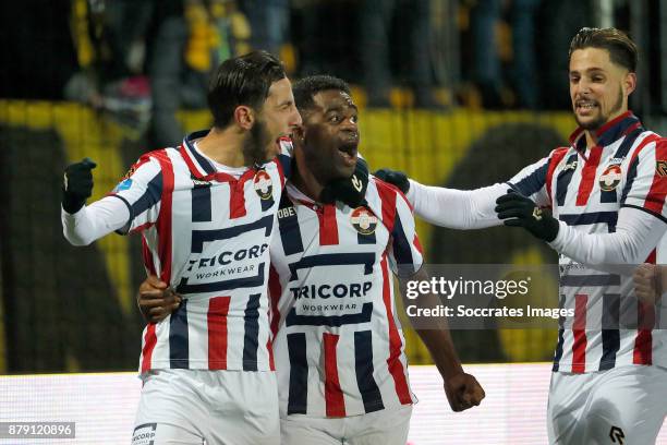 Bartholomew Ogbeche of Willem II celebrates 3-3 with Ismail Azzaoui of Willem II, Fran Sol of Willem II during the Dutch Eredivisie match between...