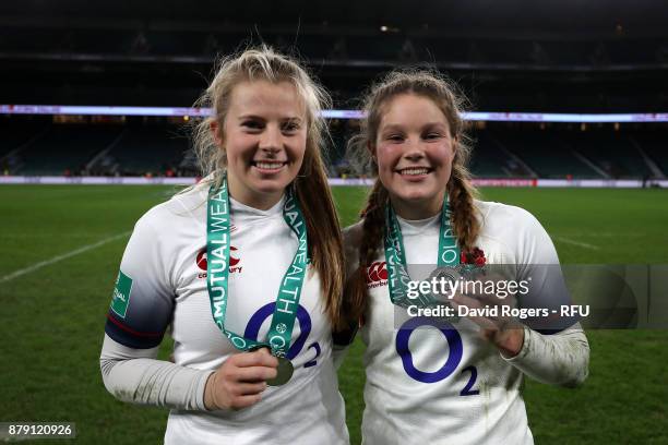 Jess Breach of England and Zoe Harrison of England celebrate together after the Old Mutual Wealth Series match between England and Canada at...