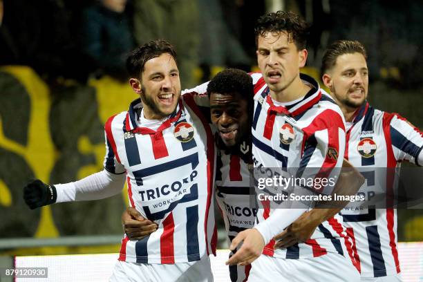 Bartholomew Ogbeche of Willem II celebrates 3-3 with Ismail Azzaoui of Willem II, Thom Haye of Willem II, Fran Sol of Willem II during the Dutch...