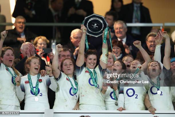 Sarah Hunter of England lifts the trophy after victory after the Old Mutual Wealth Series match between England and Canada at Twickenham Stadium on...