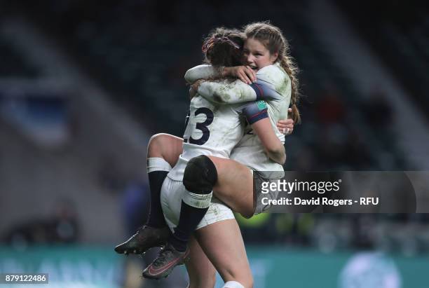 Ellie Kildunne of England and Jess Breach of England celebrates during the Old Mutual Wealth Series match between England and Canada at Twickenham...
