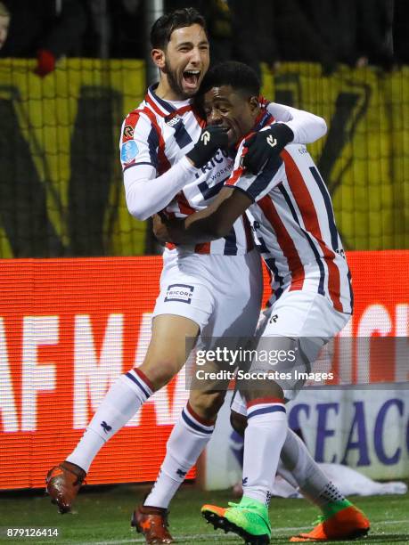 Bartholomew Ogbeche of Willem II celebrates 3-3 with Ismail Azzaoui of Willem II during the Dutch Eredivisie match between VVVvVenlo - Willem II at...