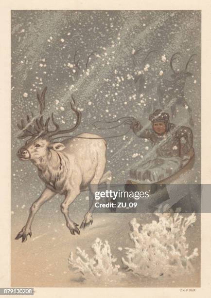reindeer sleigh ride in lapland, lithograph, published in 1883 - norway stock illustrations