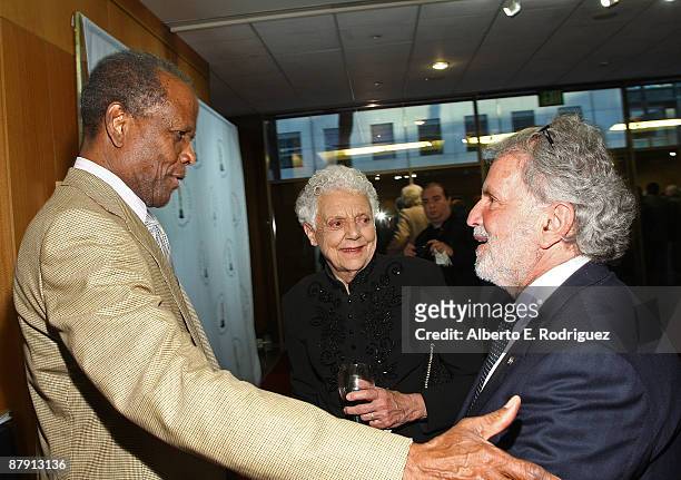 Actor Sidney Poitier, Rosemary Mankiewicz and AMPAS president Sid Ganis attend AMPAS' centenial salute celebration of Joseph L. Mankiewicz on May 21,...