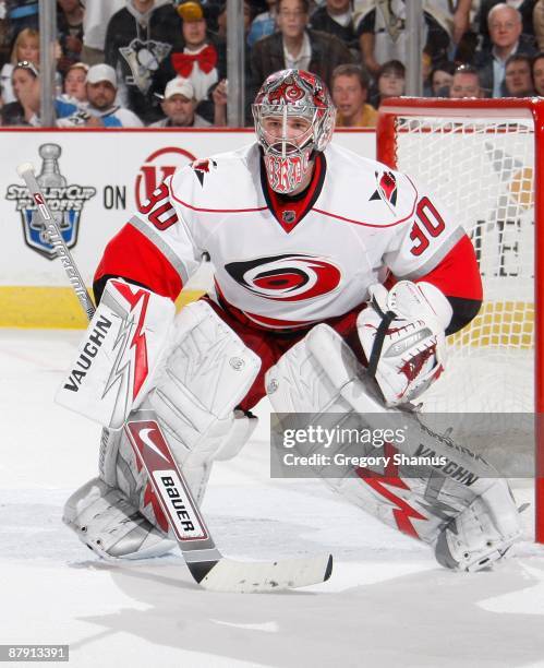 Cam Ward of the Carolina Hurricanes looks up ice against the Pittsburgh Penguins during Game One of the Eastern Conference Finals of the 2009 Stanley...