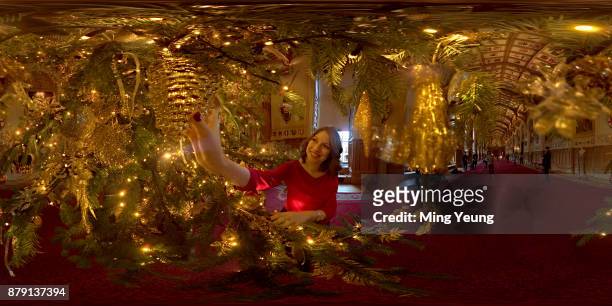 Member of the Royal Collection hangs a decoration on a 20ft Nordmann Fir tree from Windsor Great Park in the St George's Hall on November 23, 2017 in...
