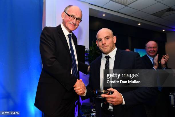 Rob Flockhart, President of Scottish Rugby presents Stephen Moore of Australia with a memento for his last test match following the International...