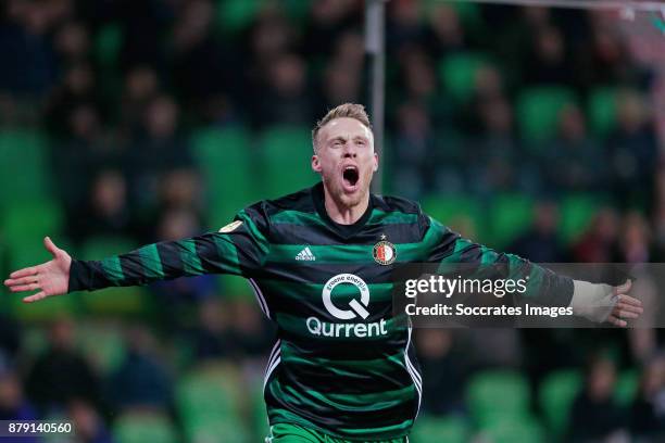 Nicolai Jorgensen of Feyenoord celebrates 0-2 during the Dutch Eredivisie match between FC Groningen v Feyenoord at the NoordLease Stadium on...