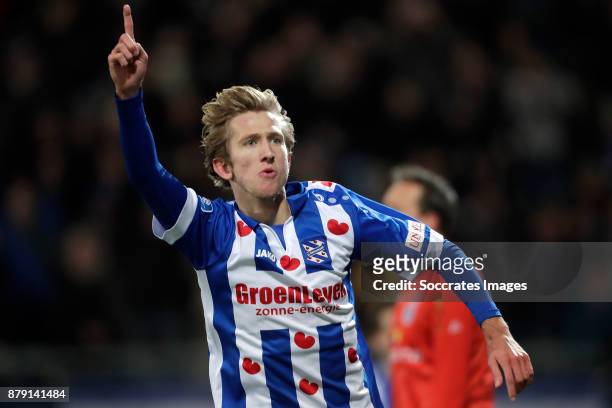 Michel Vlap of SC Heerenveen celebrates 1-0 during the Dutch Eredivisie match between SC Heerenveen v PEC Zwolle at the Abe Lenstra Stadium on...
