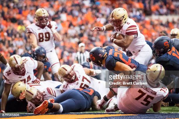 Dillon of the Boston College Eagles carries the ball for a 1-yard touchdown run during the third quarter against the Syracuse Orange at the Carrier...