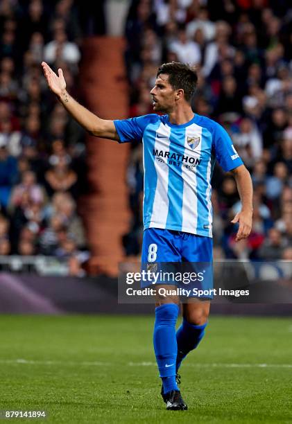 Adrian Gonzalez of Malaga CF reacts during the La Liga match between Real Madrid and Malaga at Estadio Santiago Bernabeu on November 25, 2017 in...