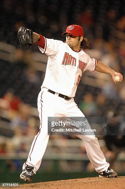 Joe Beimel of the Washington Nationals pitches during a baseball game against the Pittsburgh Pirates on May 18, 2009 at Nationals Park in Washington...