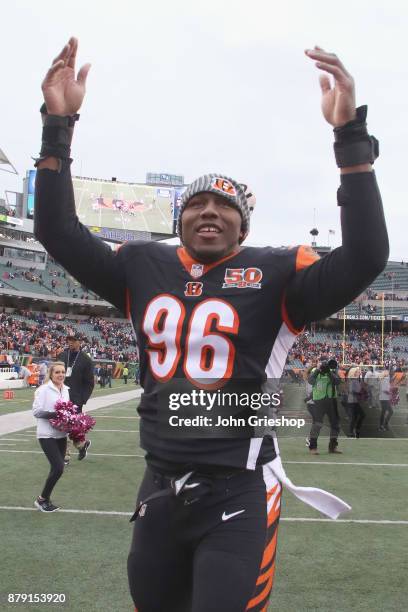 Carlos Dunlap of the Cincinnati Bengals celebrates a victory during the game against the Indianapolis Colts at Paul Brown Stadium on October 29, 2017...