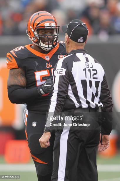 Vontaze Burfict of the Cincinnati Bengals discusses a call with an official during the game against the Indianapolis Colts at Paul Brown Stadium on...