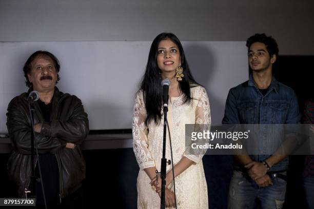 Iranian movie director Mecid Mecidi , actor Ishaan Khattar and actress Malavika Mohanan answer the questions of audience after the premiere of...