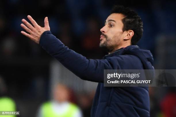 Lille's coach Joao Sacramento gestures during the French L1 football match between MHSC Montpellier and Lille, on November 25, 2017 at the La Mosson...