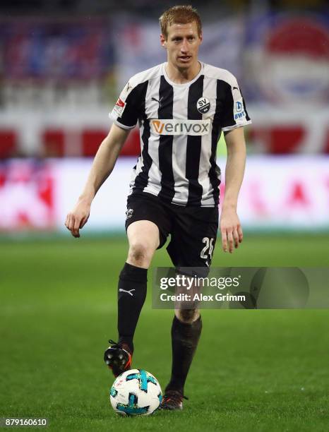 Philipp Klingmann of Sandhausen controls the ball during the Second Bundesliga match between SV Sandhausen and 1. FC Heidenheim 1846 at BWT-Stadion...