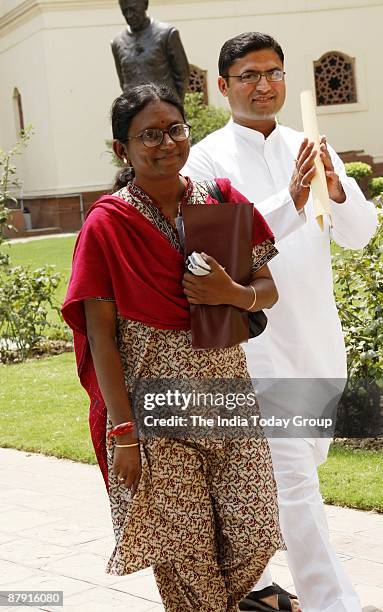 Meenakshi Natarajan, newly elected MP of Congress from Mandsaur, arrives to attend the Congress Parliamentary Party meeting at Parliament's central...