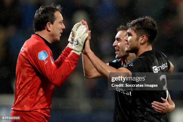 Diederik Boer of PEC Zwolle, Bram van Polen of PEC Zwolle, Nicolas Freire of PEC Zwolle celebrate the victory during the Dutch Eredivisie match...