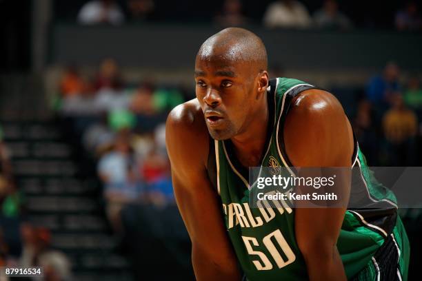 Emeka Okafor of the Charlotte Bobcats takes a break from the action during the game against the Miami Heat on April 3, 2009 at Time Warner Cable...