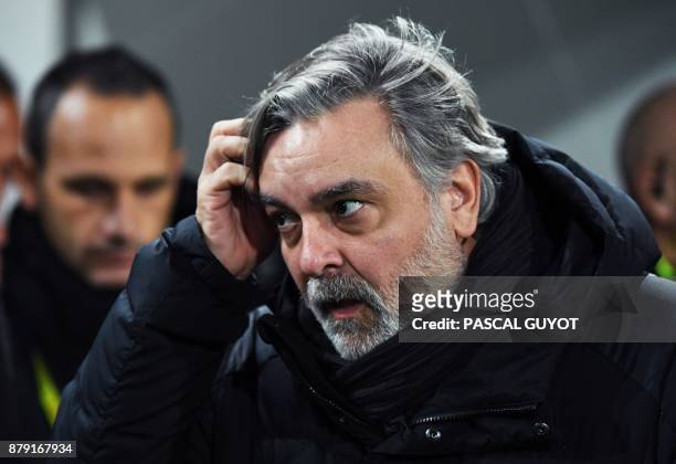 Montpellier's French president Laurent Nicollin reacts during the French L1 football match between Montpellier and Lille on November 25 at the La...
