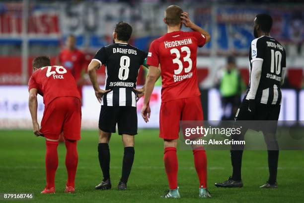 Players wait for a corner during the Second Bundesliga match between SV Sandhausen and 1. FC Heidenheim 1846 at BWT-Stadion am Hardtwald on November...