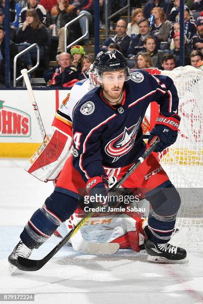 Jordan Schroeder of the Columbus Blue Jackets skates against the Calgary Flames on November 22, 2017 at Nationwide Arena in Columbus, Ohio.