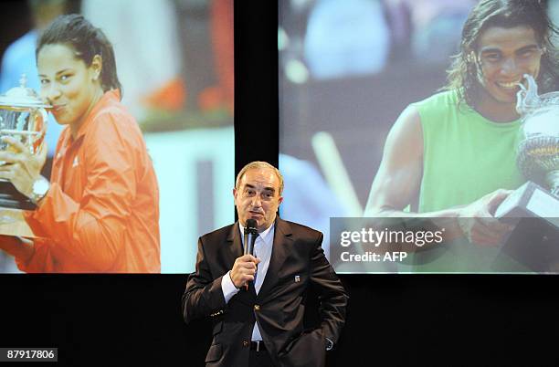 French Tennis Federation President Jean Gachassin delivers a speech before the draw ahead of the start of the French Tennis Open, at Roland Garros,...