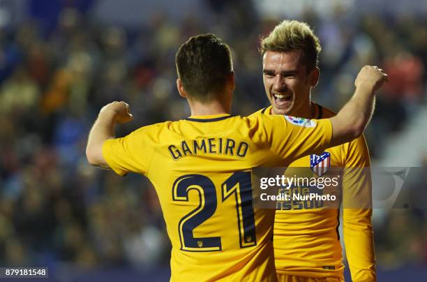 Antoinne Griezmann and Kevin Gameiro of Club Atletico de Madrid celebrates after scoring a goal during the La Liga match between Levante UD and Club...