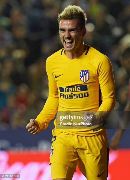 Antoinne Griezmann of Club Atletico de Madrid celebrates after scoring a goal during the La Liga match between Levante UD and Club Atletico de Madrid...