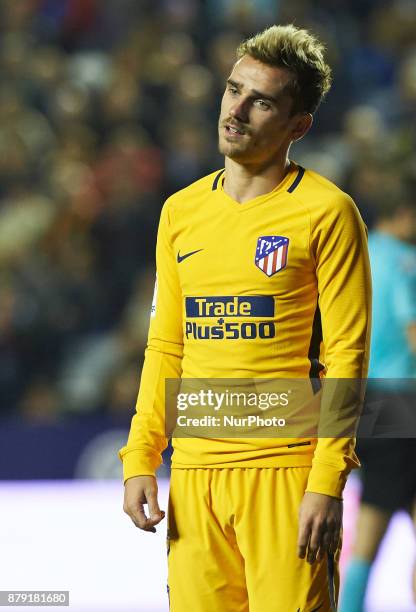 Antoinne Griezmann of Club Atletico de Madrid reacts during the La Liga match between Levante UD and Club Atletico de Madrid at Estadio Ciutat de...