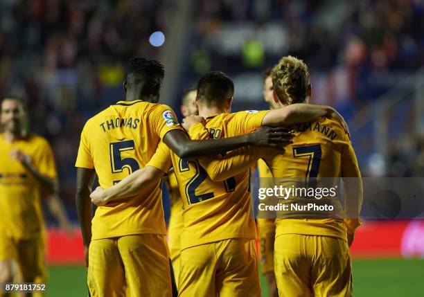 Antoinne Griezmann, Kevin Gameiro and Thomas Partey of Club Atletico de Madrid celebrates after scoring a goal in action during the La Liga match...