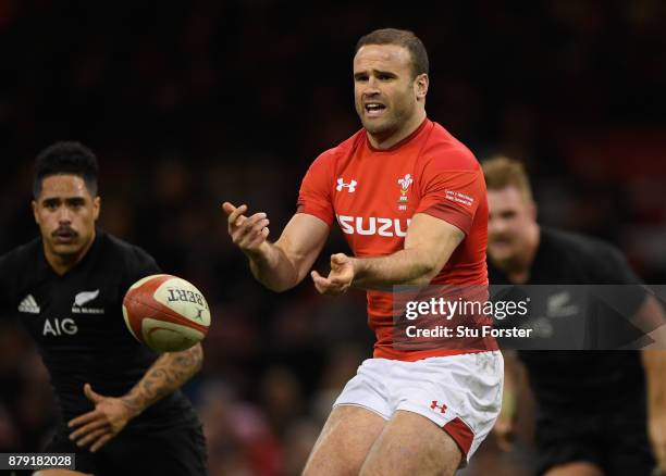 Wales player Jamie Roberts in action during the International match between Wales and New Zealand at Principality Stadium on November 25, 2017 in...