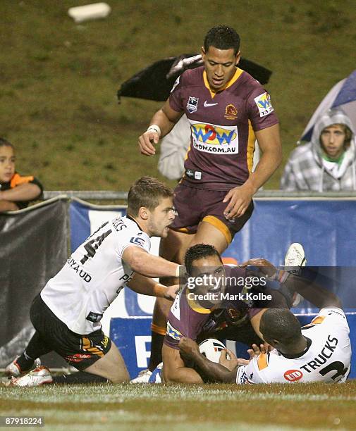 Ben Te'o of the Broncos celebrates after scoring a try during the round 11 NRL match between the Wests Tigers and the Brisbane Broncos at...