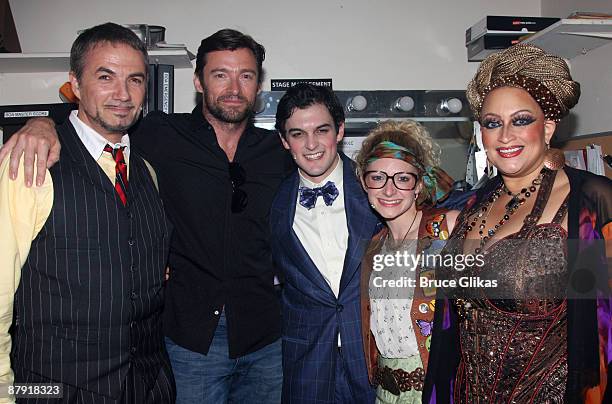 Paul Schoeffler, Hugh Jackman, Wesley Taylor, Lauren Molina and Michele Mais pose backstage at the hit musical "Rock of Ages" on Broadway at The...