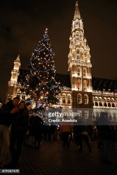 Saint-Catherine square and Grande Place are illuminated with the Christmas lights as Belgians make their preparations for Christmas in Brussels,...
