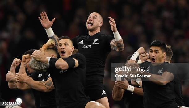 New Zealand All Blacks TJ Perenara leads the Haka before the International match between Wales and New Zealand at Principality Stadium on November...