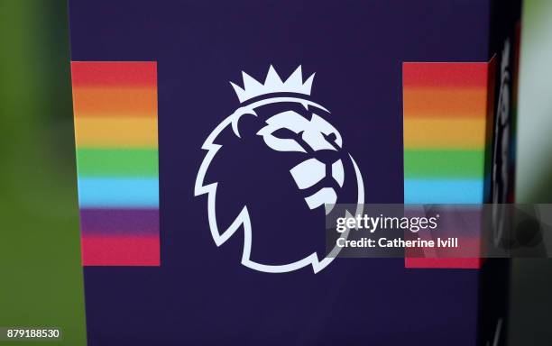 Detailed view of the rainbow next to the Premier League badge during the Premier League match between Swansea City and AFC Bournemouth at Liberty...