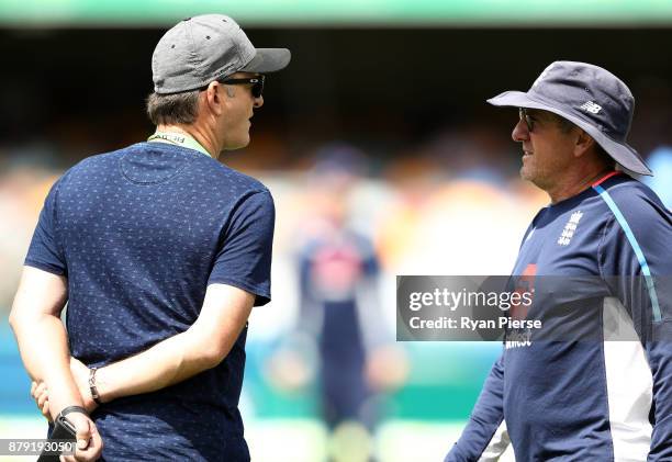 Australian Selector Mark Waugh speaks with England Head Coach Trevor Bayliss during day four of the First Test Match of the 2017/18 Ashes Series...