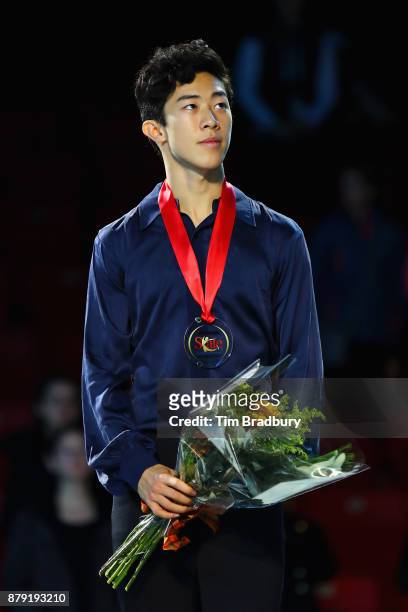 Gold medalist Nathan Chen of the United States looks on after competing in the Men's Free Skating during day two of 2017 Bridgestone Skate America at...