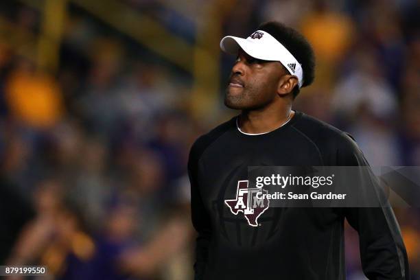 Head coach Kevin Sumlin of the Texas A&M Aggies walks on the field prior to a game against the LSU Tigers at Tiger Stadium on November 25, 2017 in...