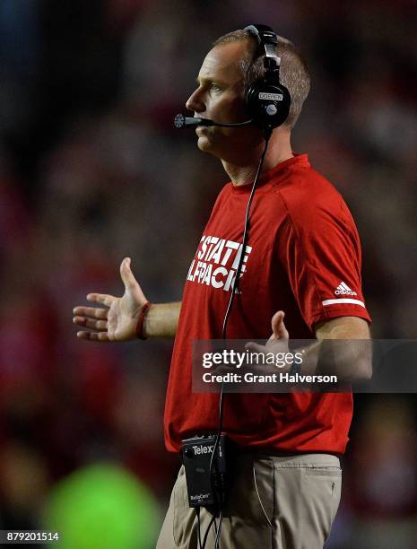 Head coach Dave Doeren of the North Carolina State Wolfpack reacts during their win against the North Carolina Tar Heels at Carter Finley Stadium on...