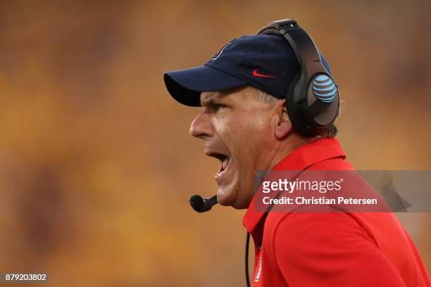 Head coache Rich Rodriguez of the Arizona Wildcats reacts on the sidelines during the second half of the college football game against the Arizona...