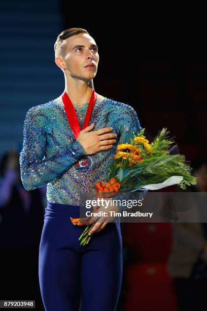 Silver medalist Adam Rippon of the United States stands for the national anthem after competing in the Men's Free Skating during day two of 2017...