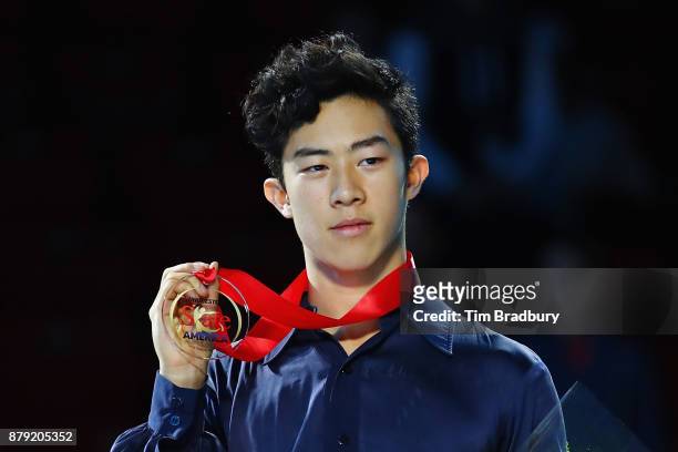 Gold medalist Nathan Chen of the United States poses after competing in the Men's Free Skating during day two of 2017 Bridgestone Skate America at...