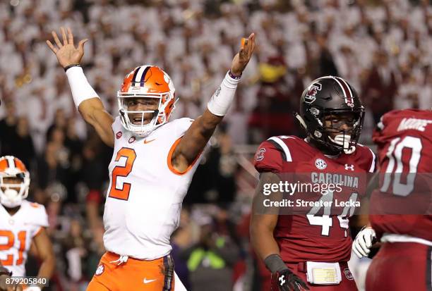 Kelly Bryant of the Clemson Tigers reacts after his team scores a touchdown against the South Carolina Gamecocks during their game at Williams-Brice...