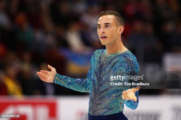 Adam Rippon of the United States reacts after competing in the Men's Free Skating during day two of 2017 Bridgestone Skate America at Herb Brooks...
