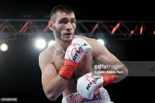 Bakharm Murtazaliev fights Carlos Galvan during their Junior Middleweights at The Theater at Madison Square Garden on November 25, 2017 in New York...